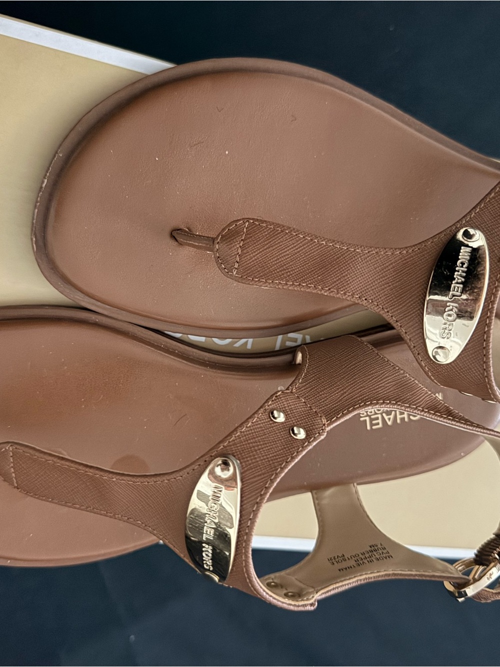 Michael Kors Brown Leather T-Strap Sandals with Gold Logo